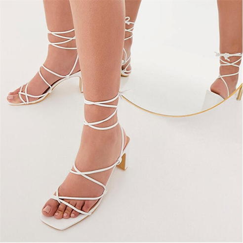 Lace Up Mid Heel Toe Post Sandals