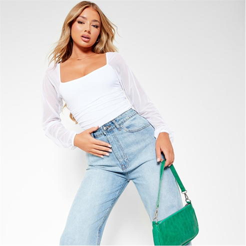 I Saw It First - Mesh Puff Sleeve Square Neck Bodysuit