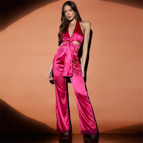 I Saw It First - Stretch Satin Plunge Halterneck Cut Out Wide Leg Jumpsuit