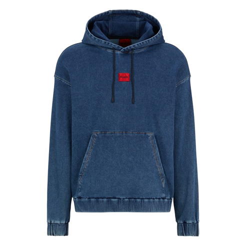 Hugo - Jersey-Denim Hoodie with Red Logo Label