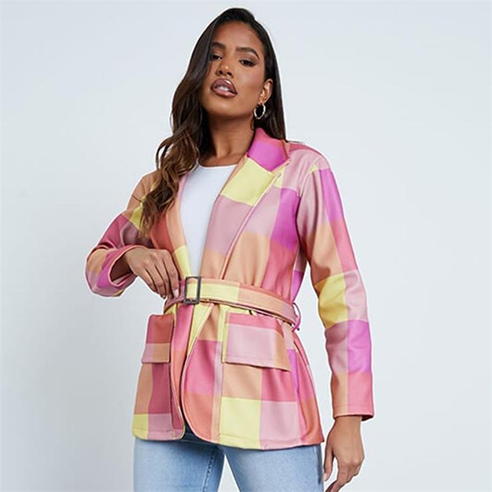 I Saw It First - Check Oversized Belted Wool Shacket With Bucket Pockets