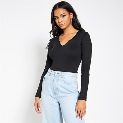 I Saw It First - Rib Notch Front Long Sleeve Bodysuit