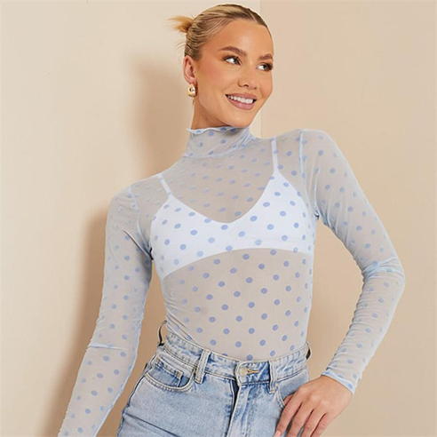 I Saw It First - Flocked Mesh Polka Dot Lettuce Hem High Neck Bodysuit