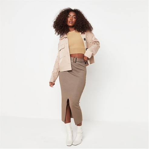 Missguided - Tall Rib Split Hem Belted Knit Midi Skirt