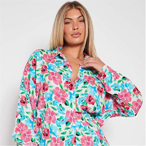 I Saw It First - Printed Long Sleeve Button Front Oversized Shirt